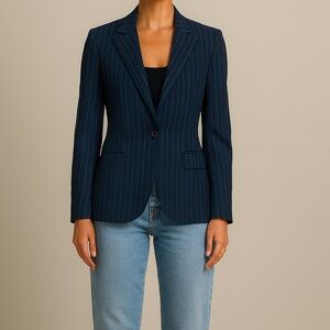Norma Kamali Black & Blue Pinstripe Blazer – Single-Button Size 6